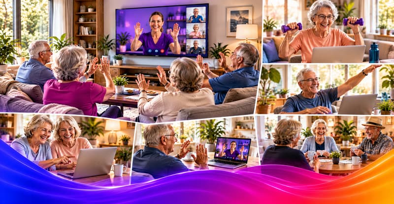 Collage of older adults taking part in live online sessions from home, on laptops and together in the lounge room