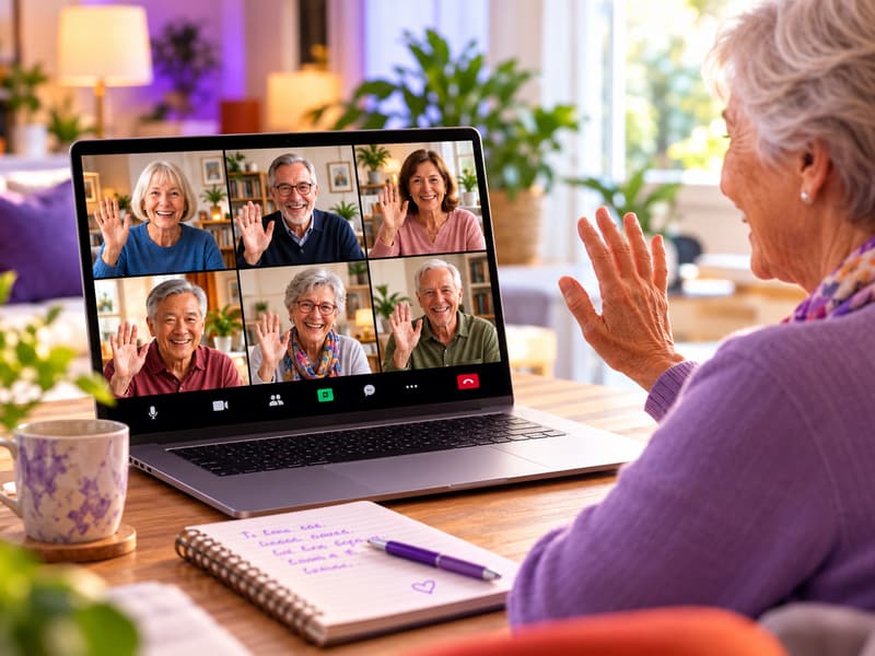 Older woman waving to a friendly group on a live video session on her laptop