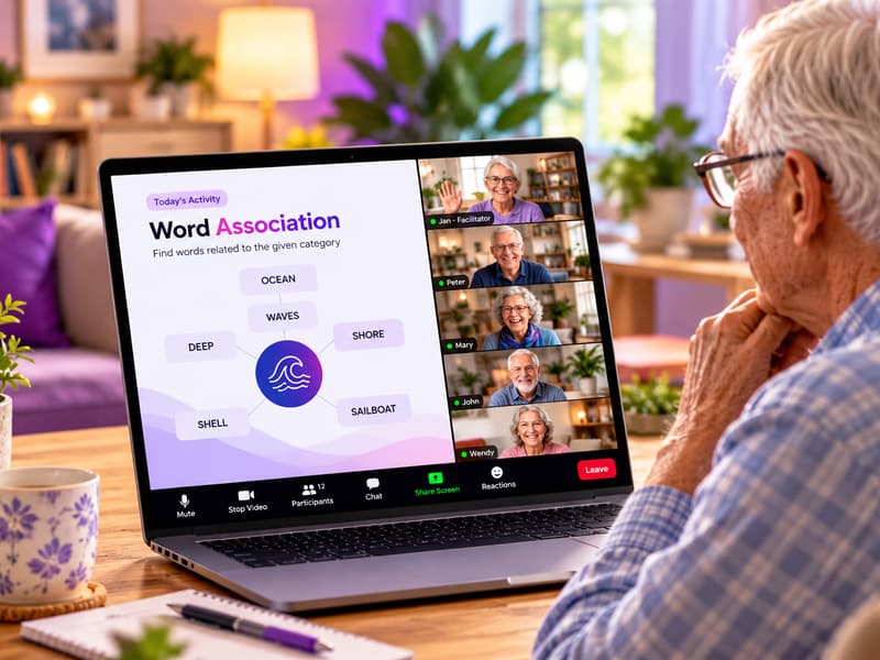 Older man thinking through a word association activity during a live session on his laptop